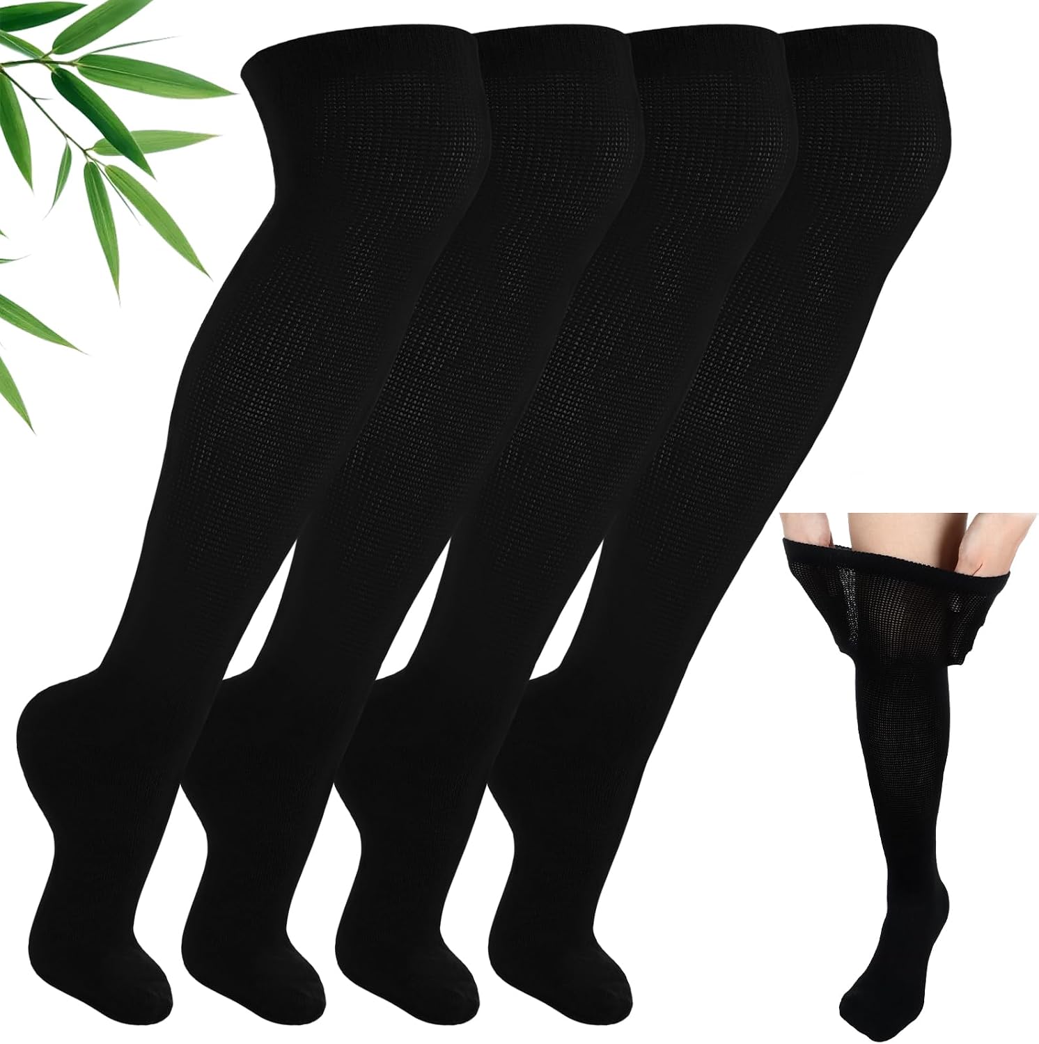 Cuffbow 5 Pairs Bamboo Viscose Diabetic Knee High Socks for Women Men Black Wide Stretch Non Binding Diabetic Over The Knee Stocking for Swollen Feet Neuropathy Wide Calf Edema