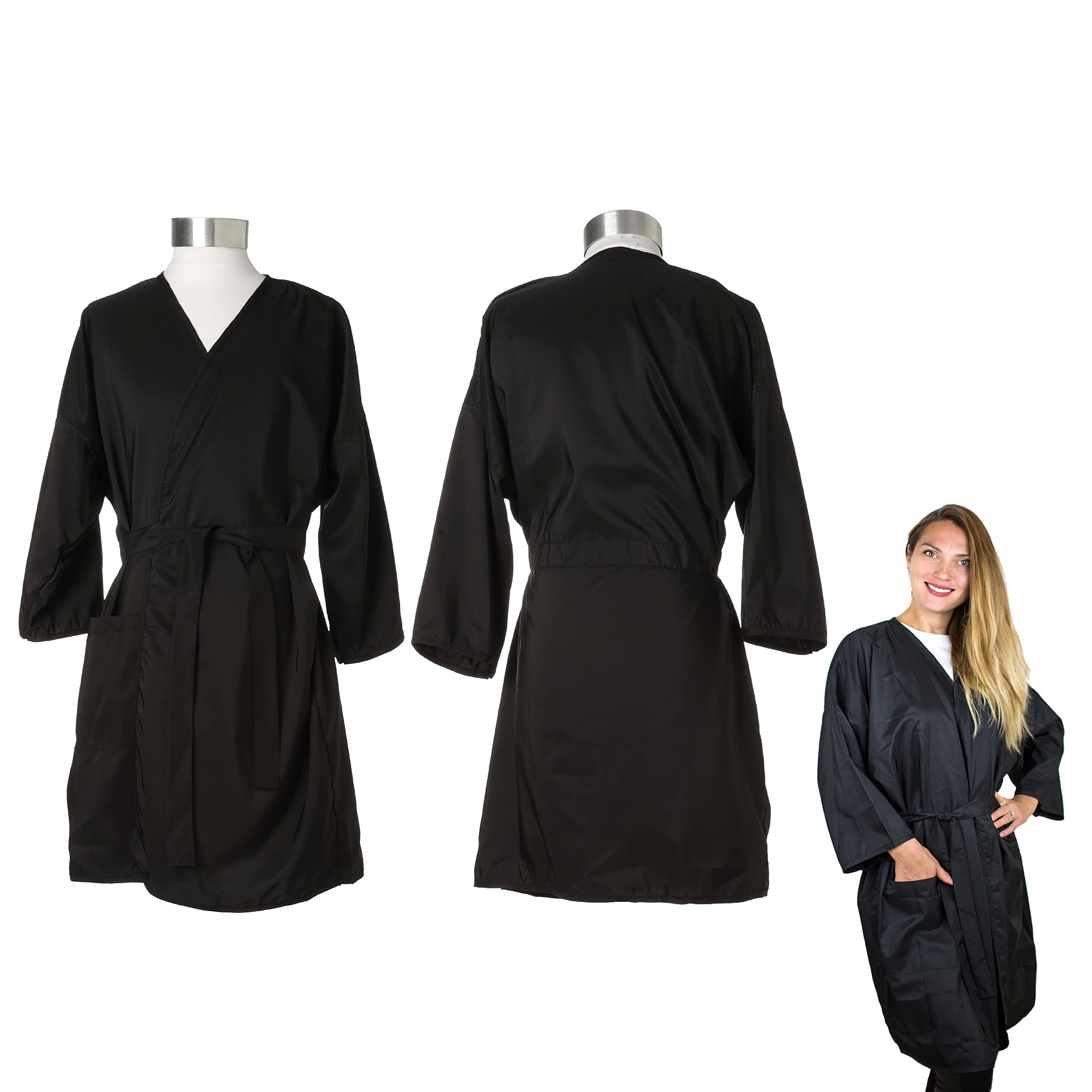 Bata de peluquería con bolsillo - Vestido negro envolvente para cliente - Bata de corte - Vestido de cliente salón - Batas de vestir para cliente de salón - Vestido de estilista - Vestido de spa - 3