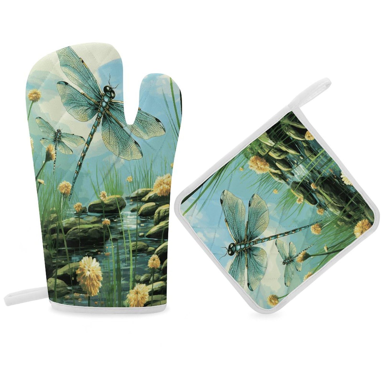 Fodpand Women's Style Dragonflies In Flight Oven Mitts And Pot Holders Sets,Oven Gloves For Kitchen Oven Mitts And Potholders For Baking Cooking Grilling Apartment Essentials