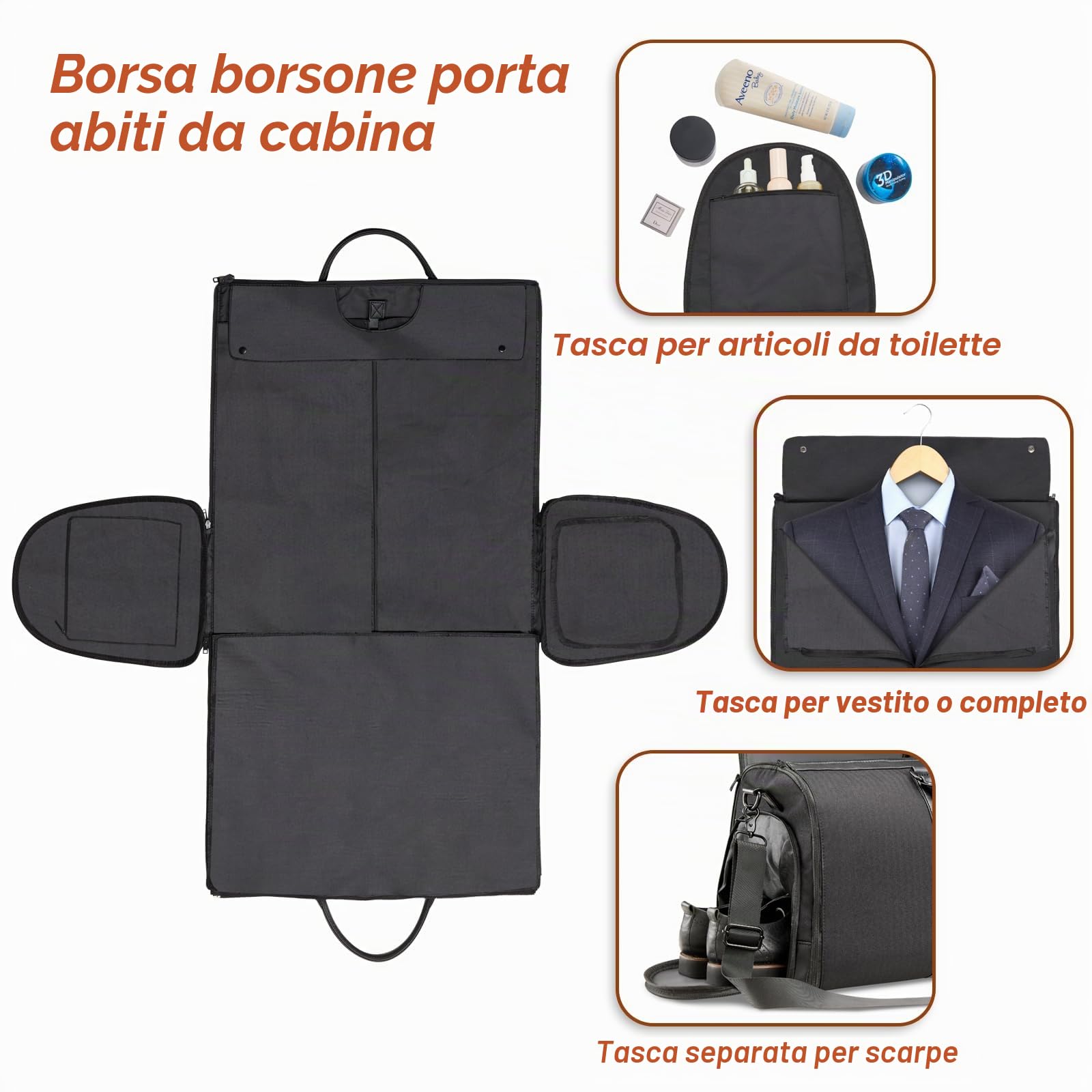 Borsa porta abiti da viaggio, borsa porta indumenti, borsone convertibile con scomparto per scarpe, perfetta per viaggi di lavoro e gite nel fine settimana, Nero 00, Da viaggio