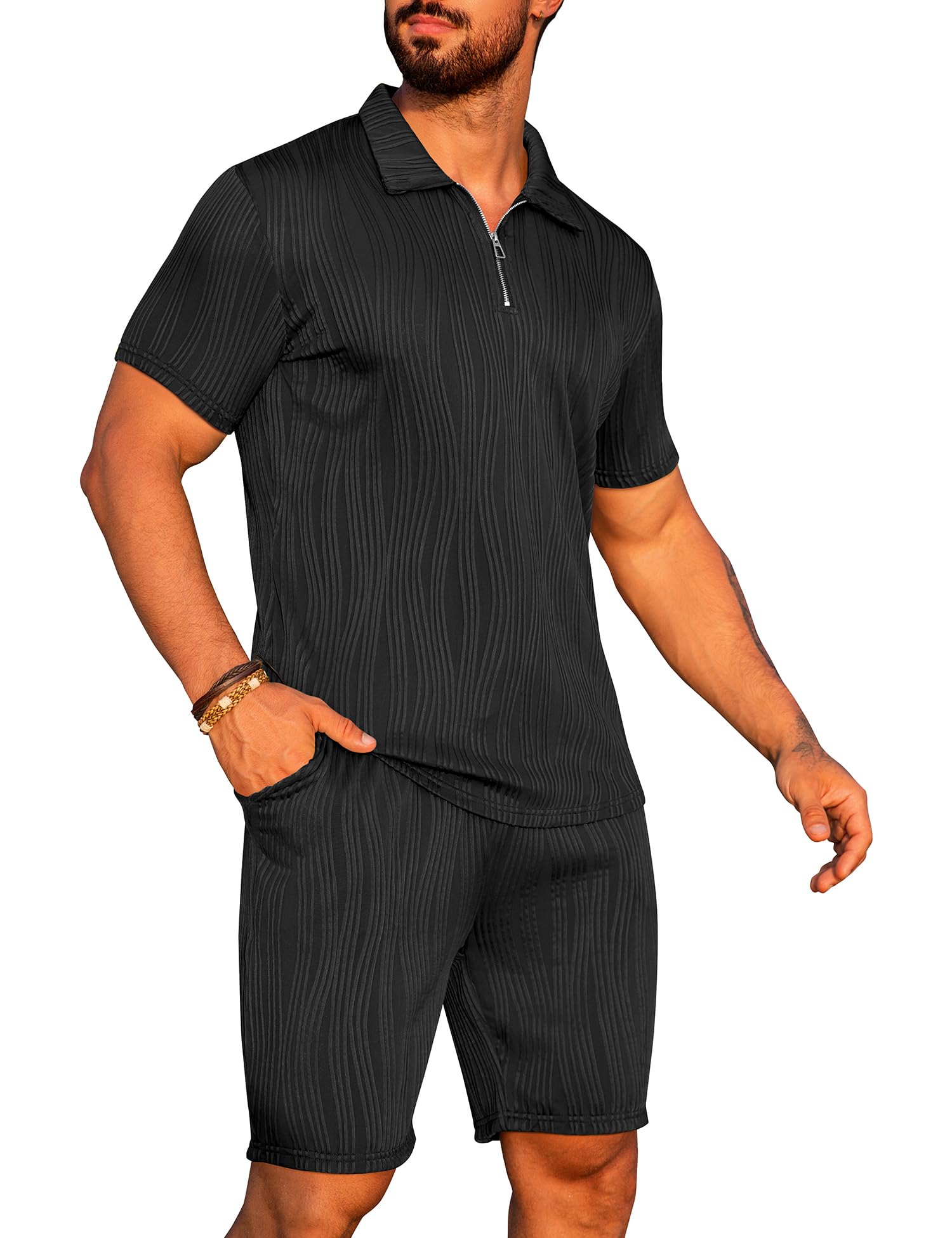 URRU Completo estivo da uomo, 2 pezzi, alla moda, casual, a maniche corte, polo e pantaloncini