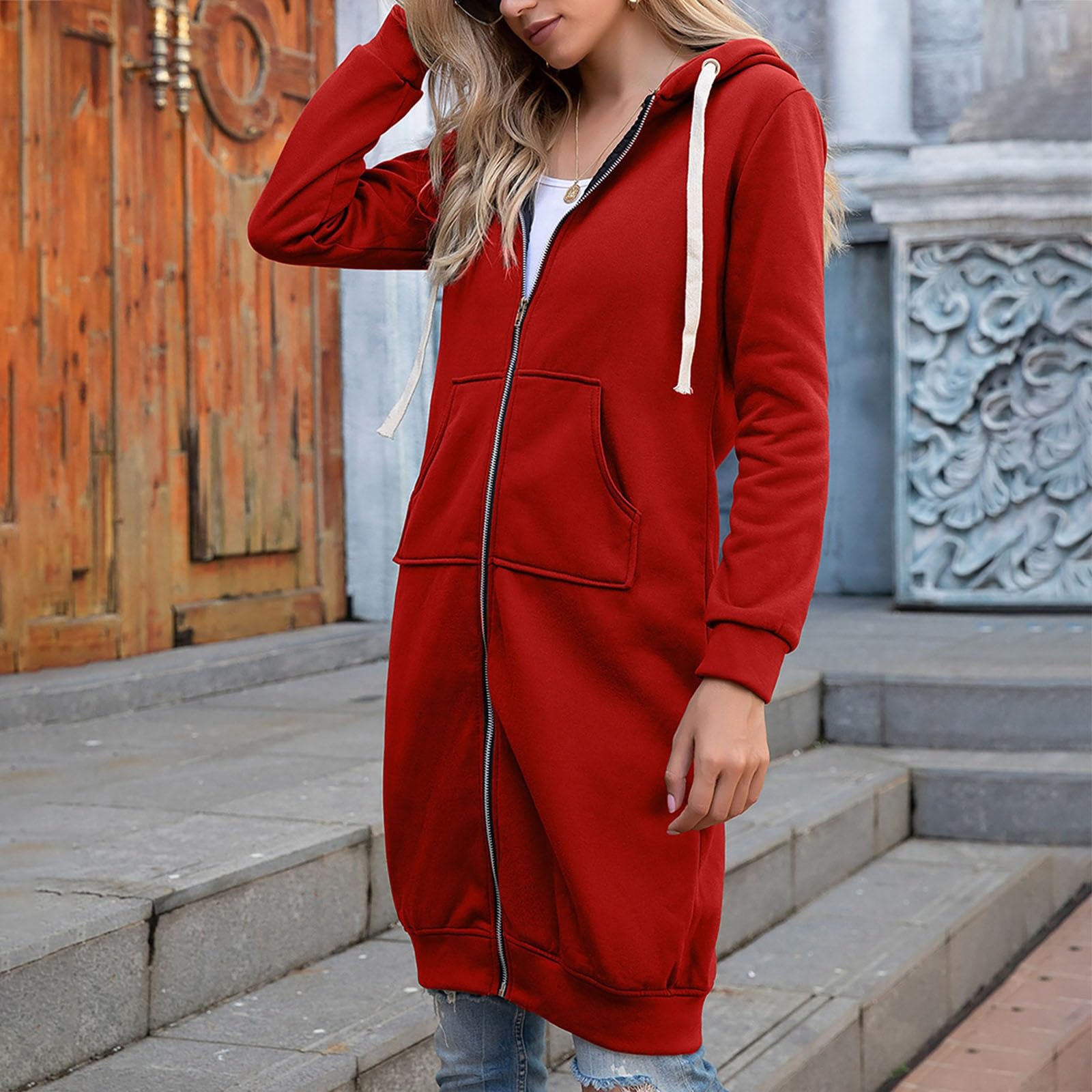 Cocila Kapuzenjacke Hoodie Oversize Sweatshirt Für Frauen Casual Einfarbig Langarm Strickjacke Mit Kapuze Mittellangen Mantel Damen Hoody Sweatjacke Baumwolle Sweatshirtjacke Pulli Dünne