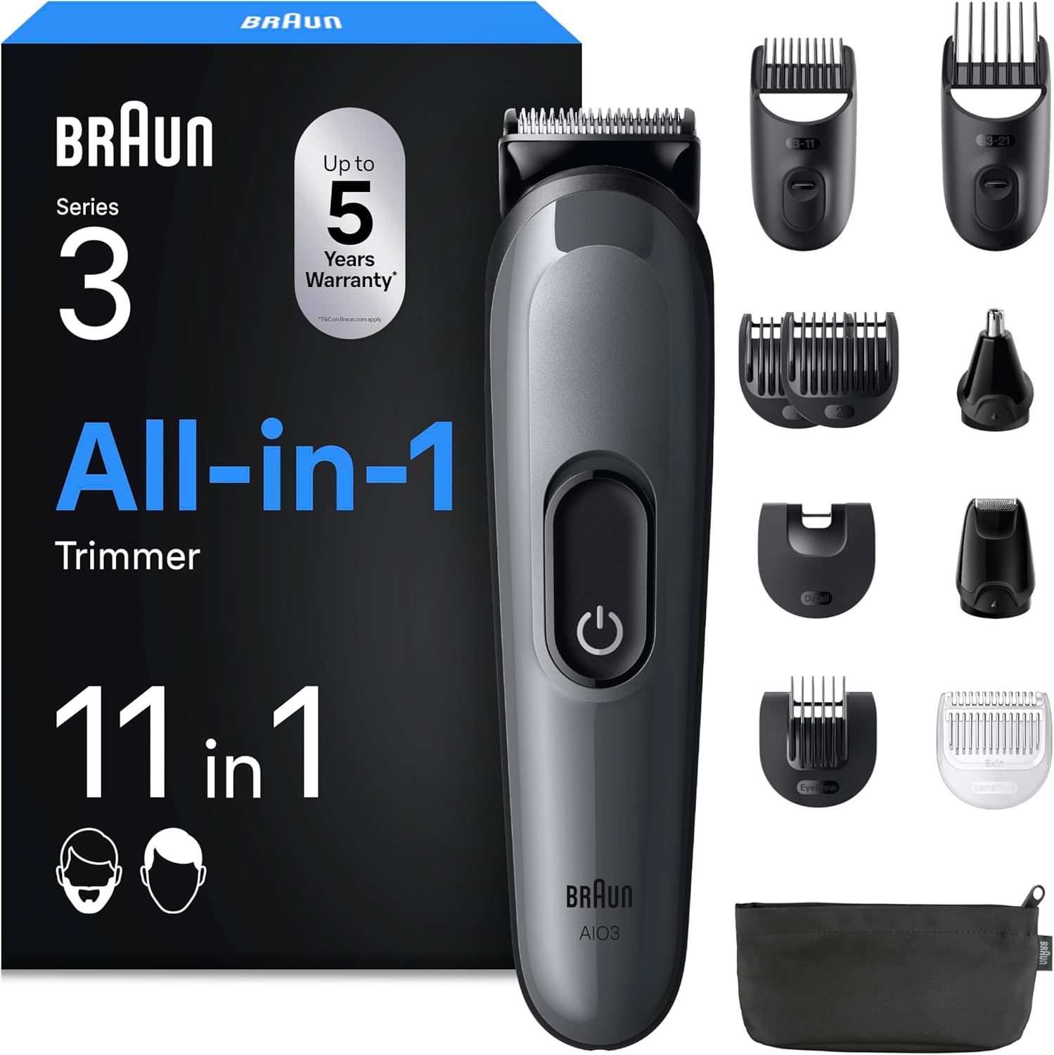 Braun Rifinitore All-In-One Series 3, Rasoio Elettrico Barba E Capelli 11In1, Con Lama Ultra Affilata, 14 Lunghezze, 50 Minuti di Autonomia, Styling Facile e Veloce Per Viso E Capelli, AIO3565 Grigio