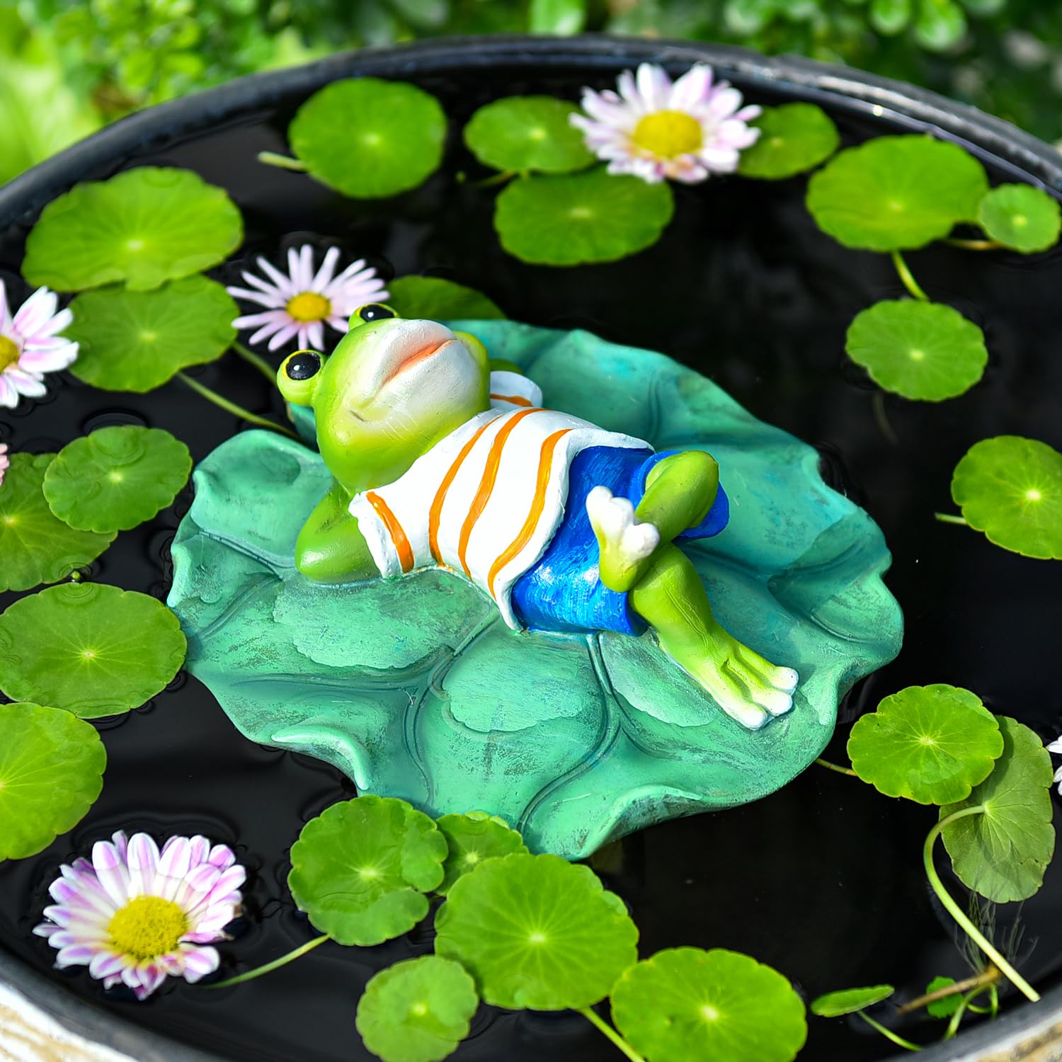 Sungmor Schwimmende Froschfigur Für Teich – Kunstharz, Lotusblatt-Design, Garten-Deko