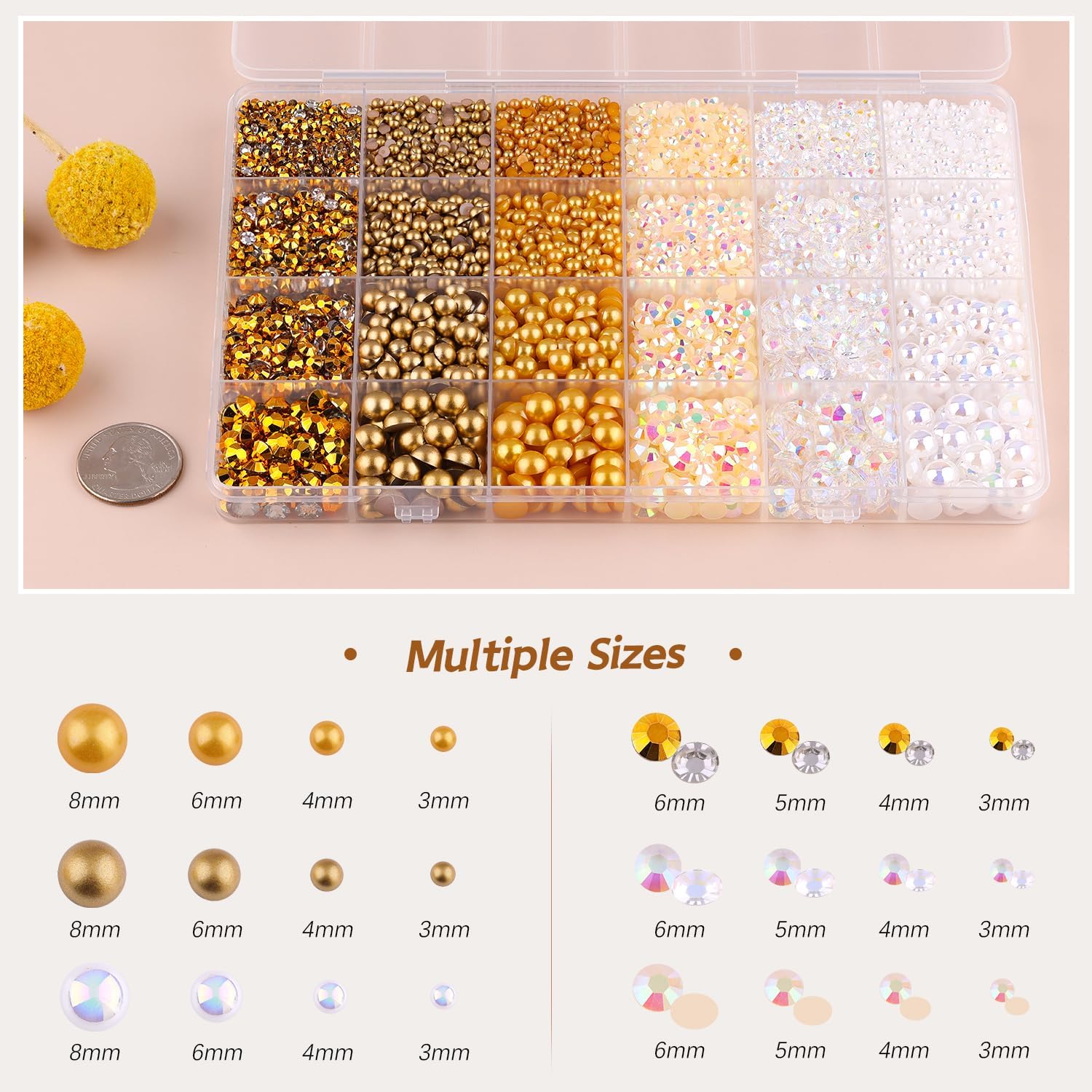 14000PCS Flatback Pearls and Gold Rhinestones for Bedazzling Kit, White Brown Mixed Size 3-10mm Resin Rhinestones Gems and Half Pearls for Crafting, Nail Art Crafts Decoration - Image 2