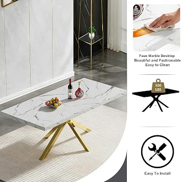 Faux Marble Dining Table for 6, Modern 70 Rectangular White Marble Kitchen Table with Cross-Shape Gold Stainless Steel Legs, Large Dinner Table for 6-8, Ideal for Kitchen Dining Room