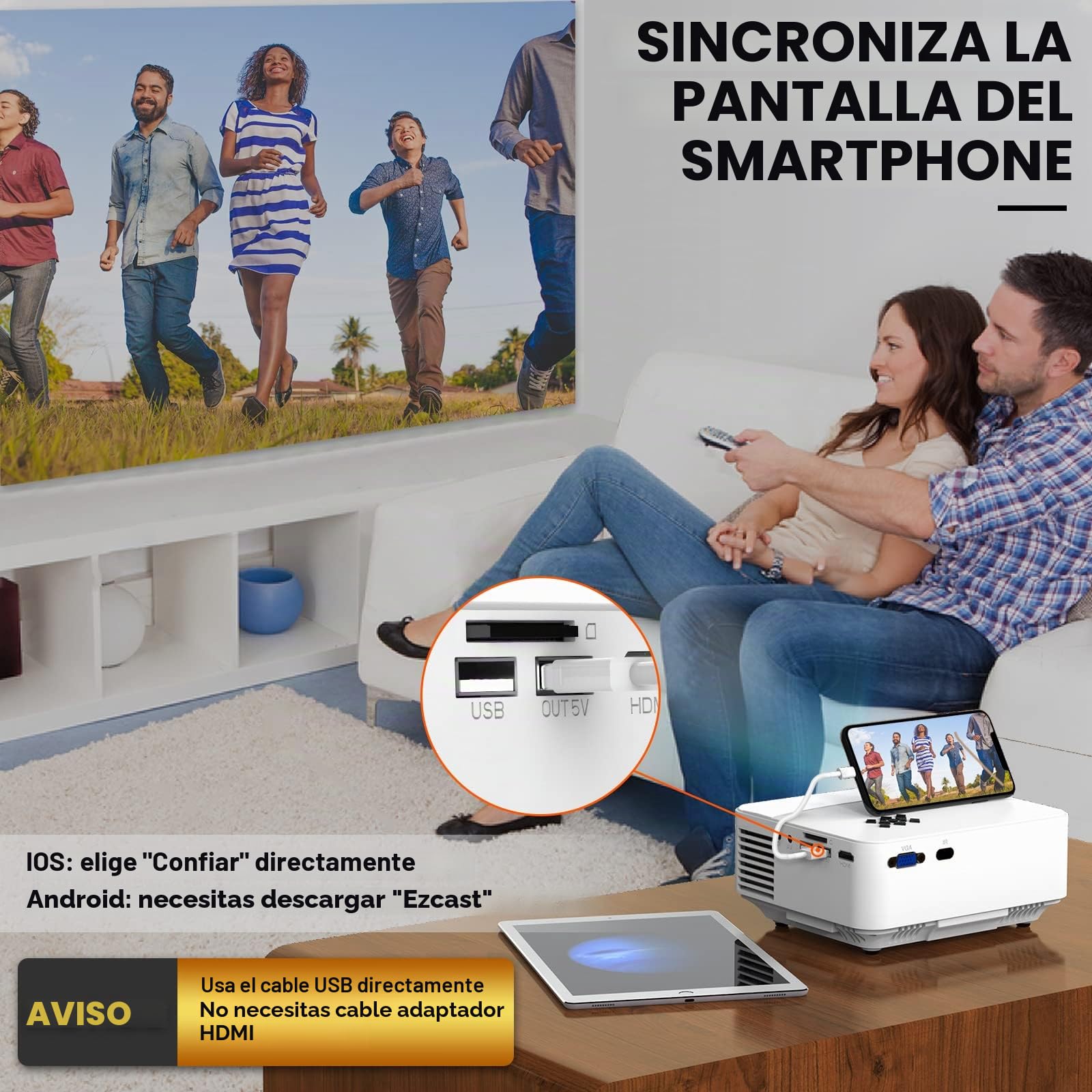 HOPVISION Mini proyector – 7500 lúmenes, 1080p Full HD, LCD, Cine en casa/Exterior, USB y HDMI, portátil, Pantalla de 240 Pulgadas, lámpara de 60.000 h