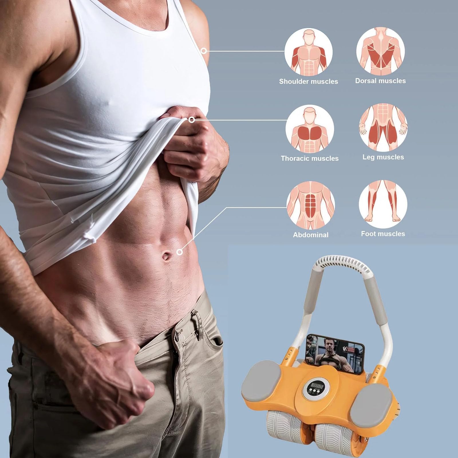 Rueda de rodillo para abdominales con alfombrilla para rodillas y temporizador, rueda abdominal doble de rebote automático, rodillo de ejercicio abdominal para abdominales con soporte para codo