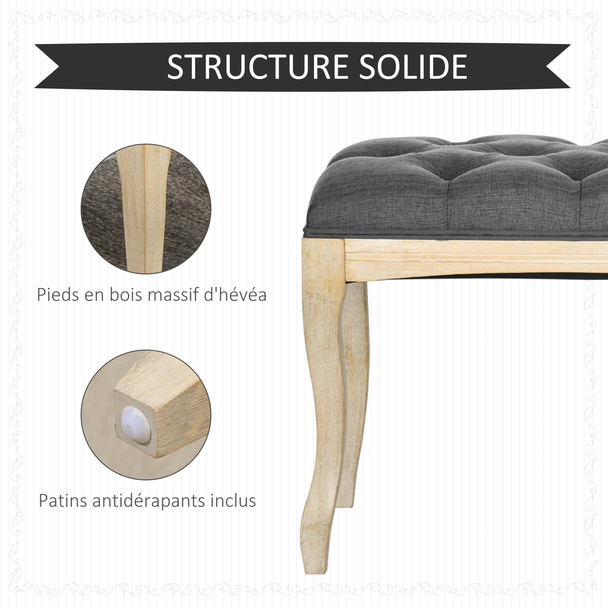 HOMCOM Panca imbottita stile classico, 110 cm, con testiera imbottita in lino, base in legno di Hevea intagliato, lino, grigio