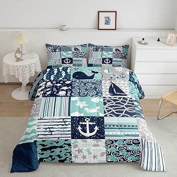 Ocean Nautical Comforter Set Queen Size,Navy Blue Patchwork Plaid Stripes Bedding Set for Kids Teens Boys Bedroom Decor Anchor Rudder Print Quilted Duvet Whale Octopus Sealife Duvet Insert 3pcs