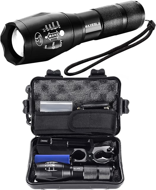 Maxesla Rechargeable LED Torch Set 6000 Lumens Gifts for Men Dad Kids, Super Bright Torches LED Super Bright, 5 Modes Zoomable IP65 Waterproof Tactical Torch, USB Charger, Cycling Handlebar Mount