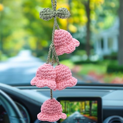 Miniatura 2 de Accesorios para colgar espejos de automóvil, colgante de flor de lirio tejido hecho a mano, bonita decoración colgante de ganchillo para espejo