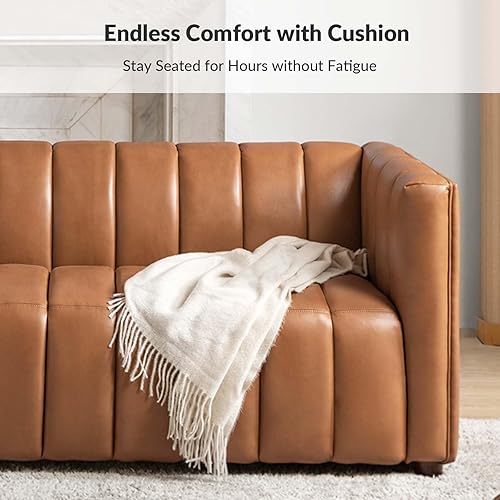 Miniatura 7 de HULALA HOME 83" Genuine Leather Sofa with Channel Tufted Design, 3-Seater Sofa for Living Room Bedroom, Modern Oversized Couch with Wood Legs, Camel