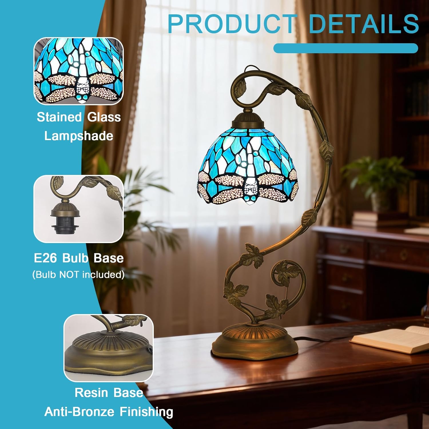 ARTZONE Tiffany Table Lamp, Tiffany Table Lights Antique Stained Glass Bedside Table Lamp for Bedside/Desk Reading/Living Room/Home Office/Bedroom(Dragonfly)