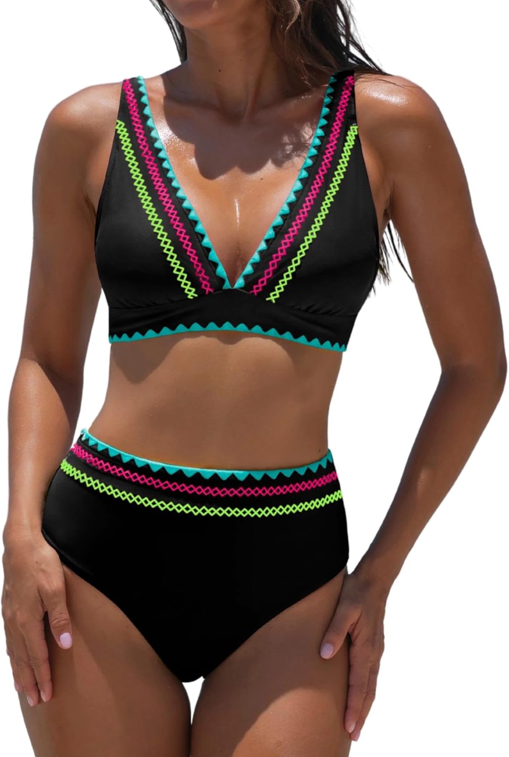 popvil High Waisted Bikini Set for Women Two Piece Tummy Control Swimsuit Color Block Bathing Suit Beach Vacation 2026
