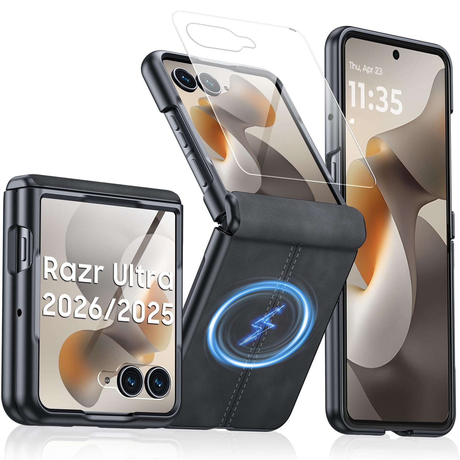 Magnetic for Motorola Razr Ultra 2026/2025 Case with Hinge Protection, Screen Protector, Fit for Magsafe, Ultra-Thin PU Leather Matte PC Shockproof Cover for Razr Ultra 2026/2025-Black Gray