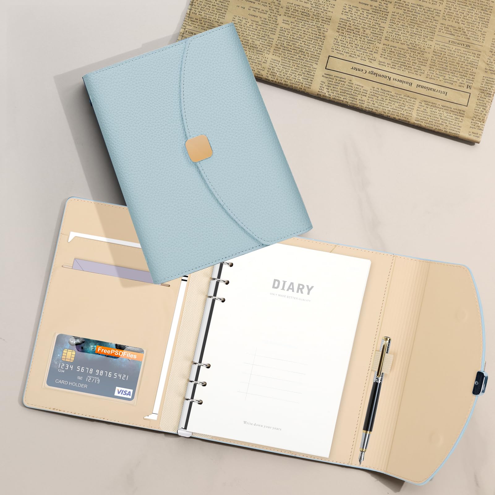 Cuaderno de piel sintética A5, 6 anillas, planificador de diario con hojas sueltas rellenables, 100 hojas/200 páginas, color azul