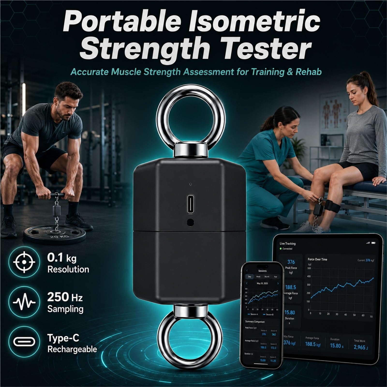 Dynamometr push-pull i tester wytrzymałości izometrycznej 500kg | Rozdzielczość 0,1 kg do użytku w domu, na siłowni i w podróży.