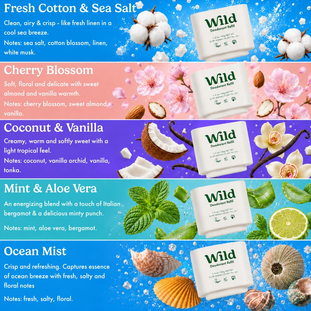 Wild - Deodorante Naturale Ricaricabile - Astuccio Viola con Varie Ricariche - Incluse Cotton & Sea Salt, Cherry Blossom, Coconut & Vanilla, Mint & Aloe Vera, Ocean Mist