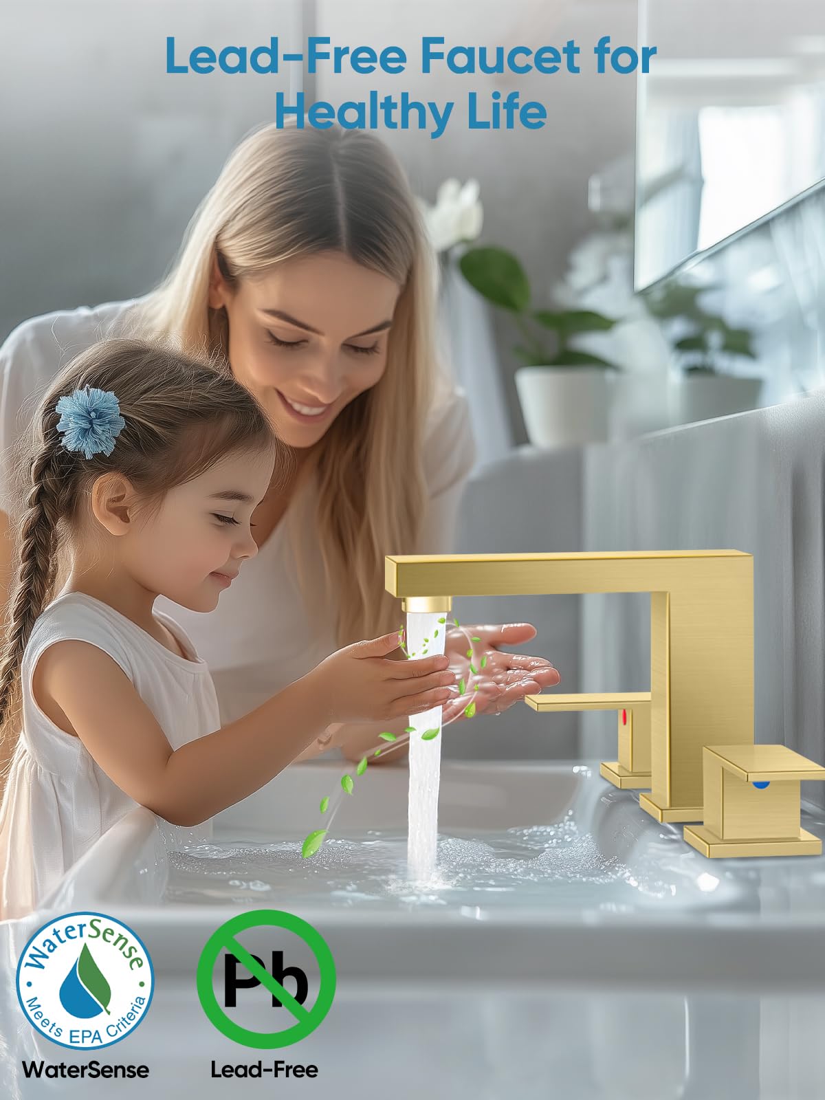 Cobbe Grifos de baño para fregadero de 3 agujeros, llave cuadrada de 8 pulgadas de ancho con drenaje emergente, 2 asas y 2 mangueras de suministro, acero inoxidable sin plomo para tocador, caravana