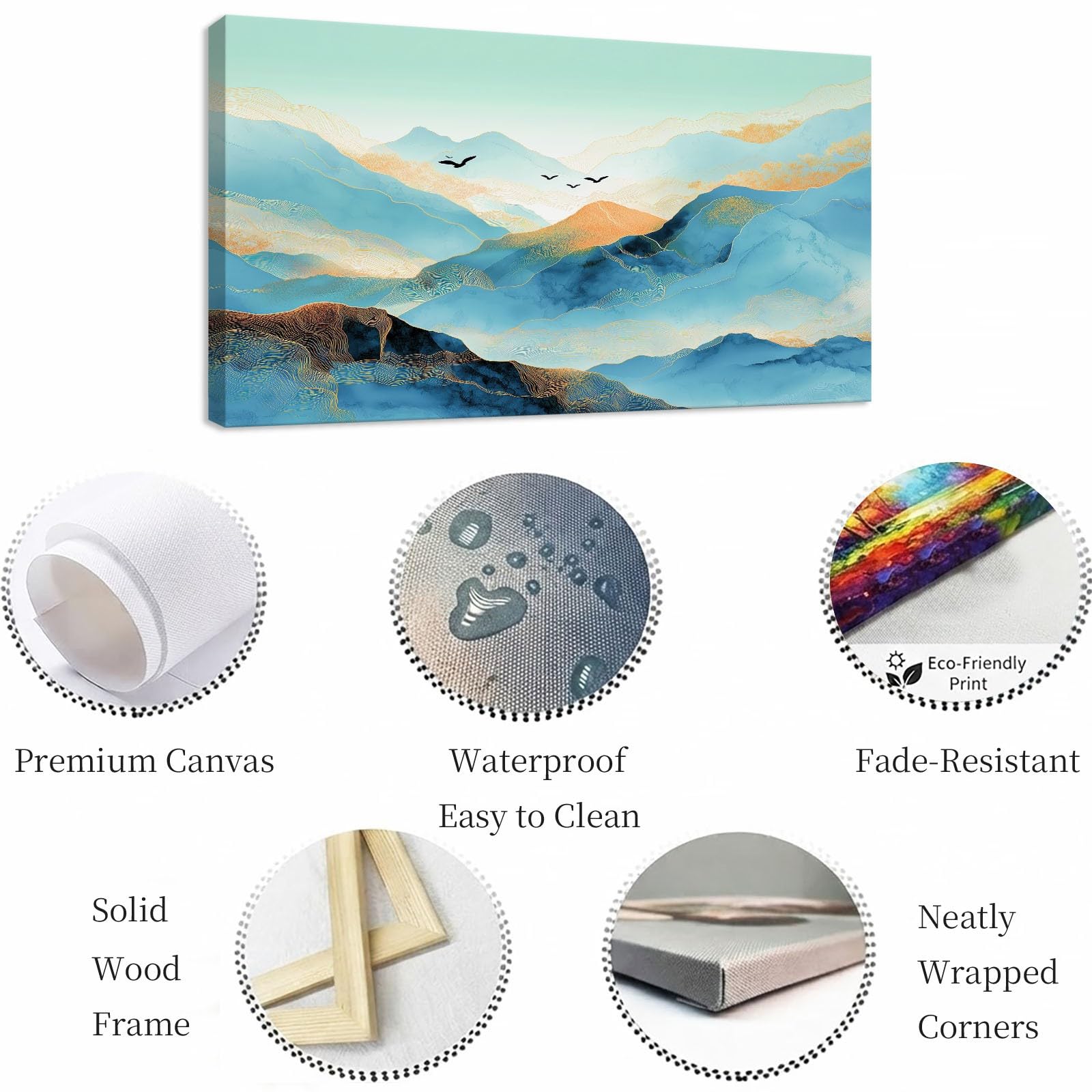 Leinwandbild 100 x 70 cm Leinwandbilder mit Abstrakt, Bild auf Leinwand - Kunstdruck auf Canvas, Bilder Wanddeko für Wohnzimmer, Schlafzimmer, Esszimmer, Berge Vogel Landschaft Blau