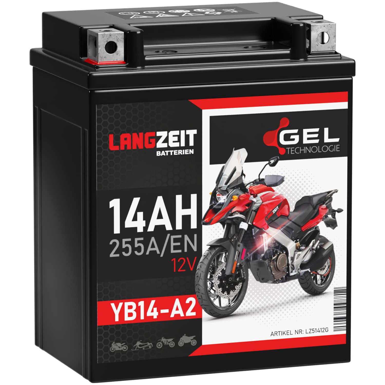 LANGZEIT YB14-A2 batterie moto 12V 14Ah GEL YB14-B2 51412 YB14A-A1 FB14-A2