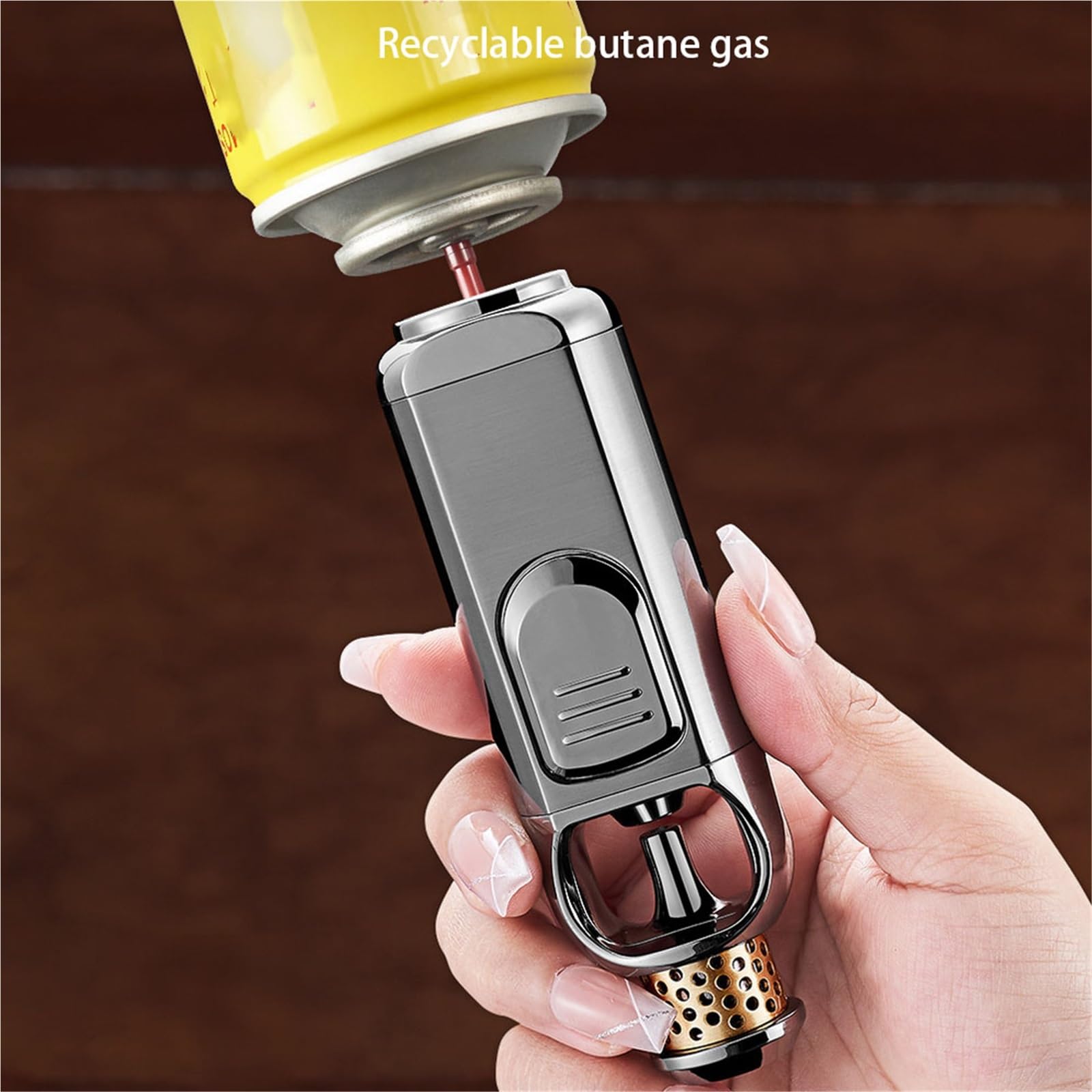 Encendedor de butano, resistente al viento, portátil, de metal, llama ajustable, gas butano reciclable, ideal para uso personal o regalo, diseño de inyección directa