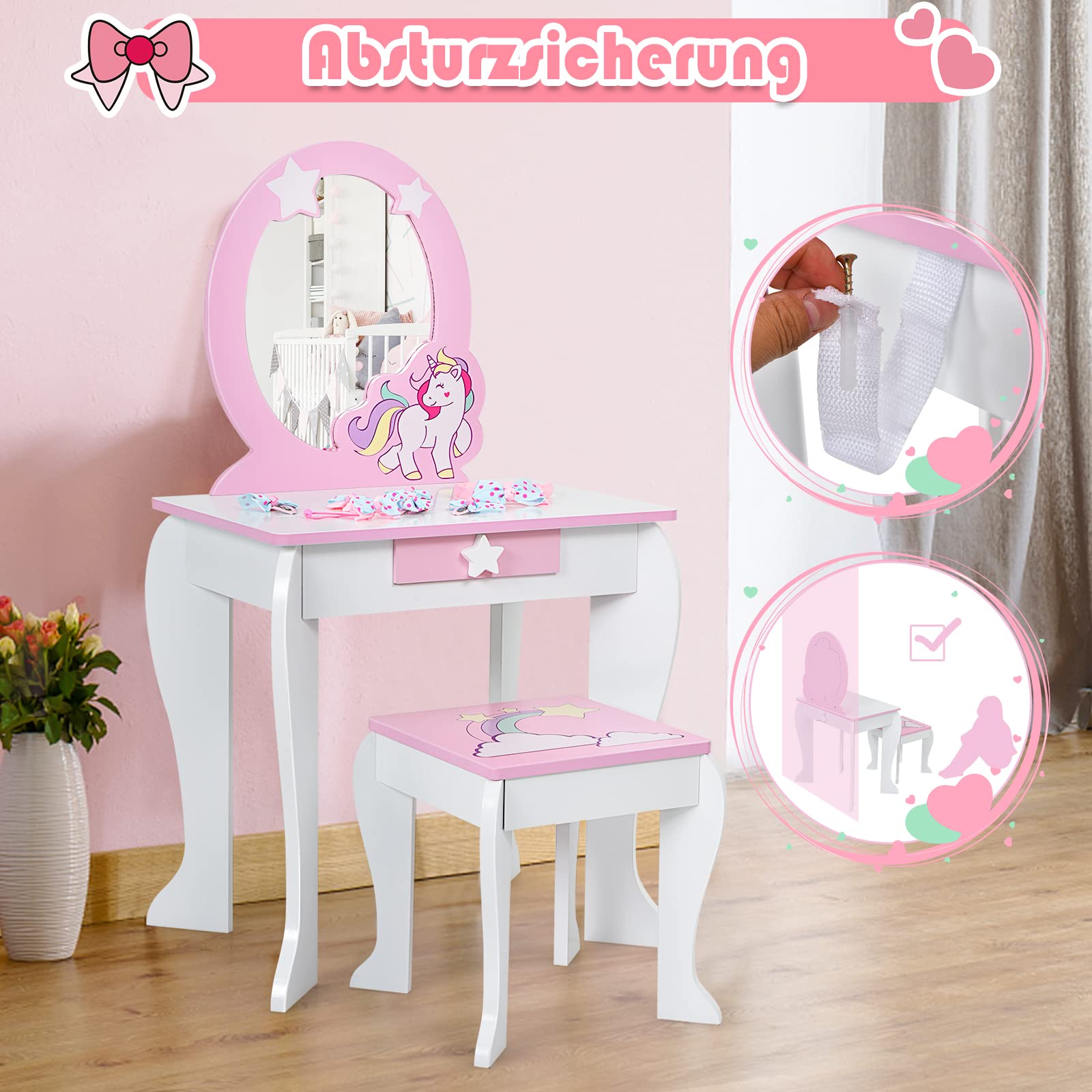 GOPLUS Schminktisch Kinder, Frisiertisch mit Hocker & abnehmbarem Spiegel & Schublade, Kosmetiktisch mit Haarband & Haarspange, Schminktisch Einhorn aus Holz für Mädchen ab 3 Jahren (Weiß)