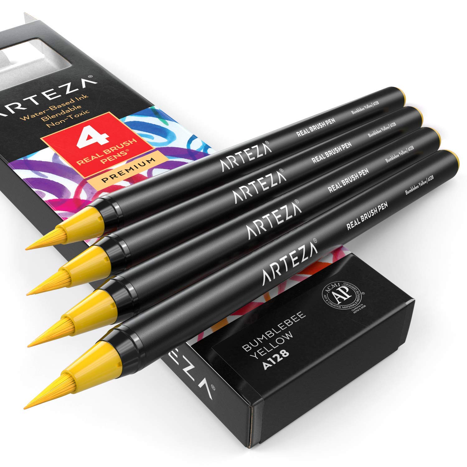 Real Brush Pens, A128 Bumblebee Yellow, Pack of 4, Watercolor Pens with Nylon Brush Tips,…