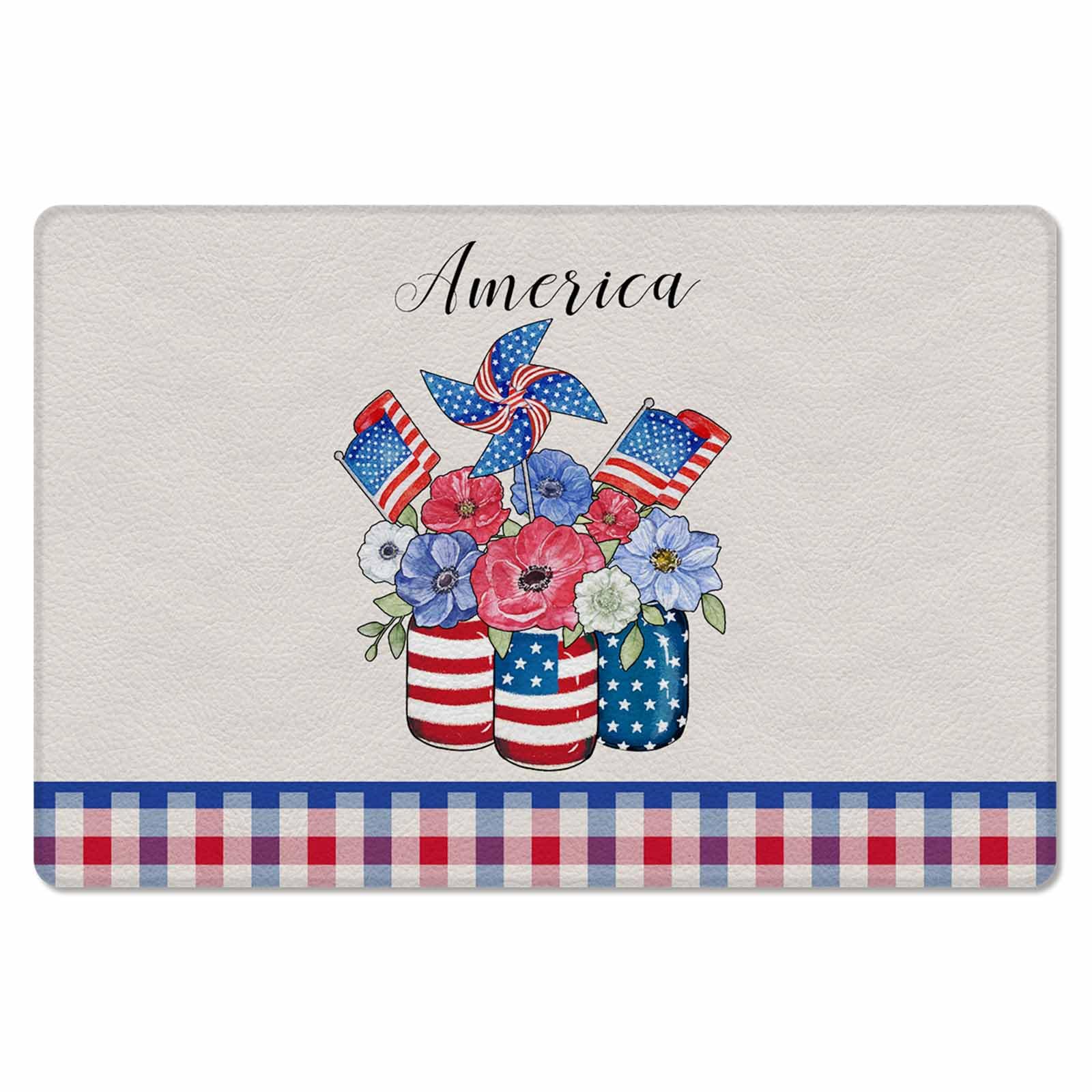 Patriotic Vase Flower Antifatigue Kitchen Bath Door Mat Cushioned Runner Rug,Washable Welcome Floor Sink Mat,Waterproof & Non-Slip Standing Doormat for Kitchen,Independence Day Star Lattice 18