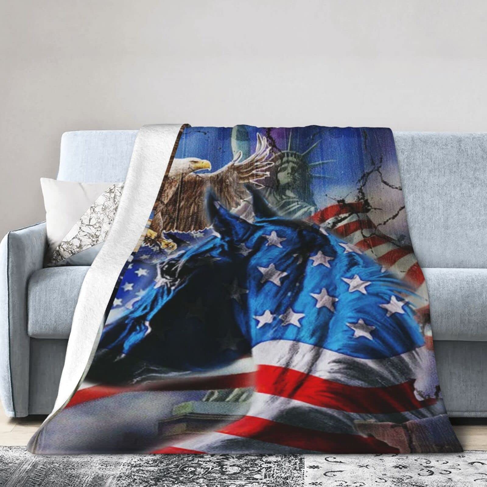 Lsjuee Christmas Flannel Fleece Blanket 80"X60" Proud Horse American Sofa Throw Blanket Funny Ultra-Soft Travel Winter Blankets for Boys Keep Warm