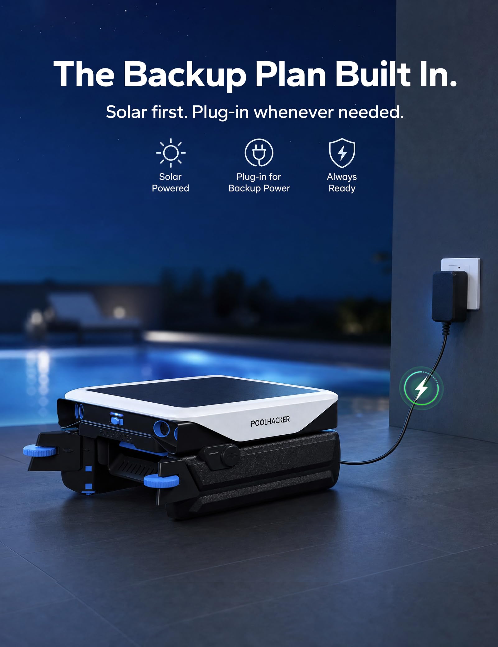 POOLHACKER Robot d'écumoire solaire de piscine, nettoyage continu 24h/24, 7j/7, double modes de charge, évitement intelligent des obstacles, panier extra large de 9 L, filtre à maille fine de 150 μm