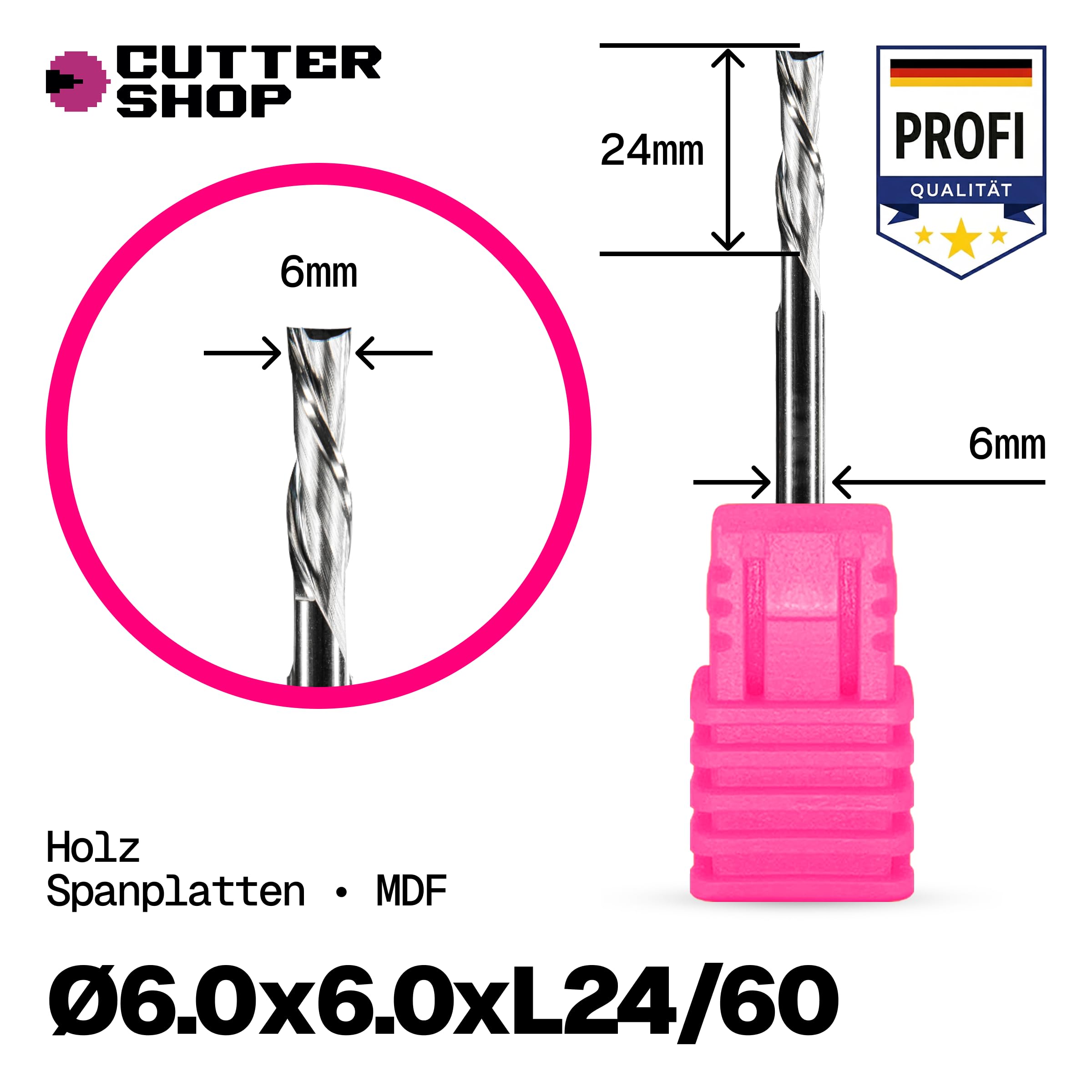Frez CNC do drewna i tworzyw sztucznych – Down-Cut (wióry w dół), dwuostrzowy, rowek spiralny, HRC65 | Seria WD – D6.0x6.0xL24/60