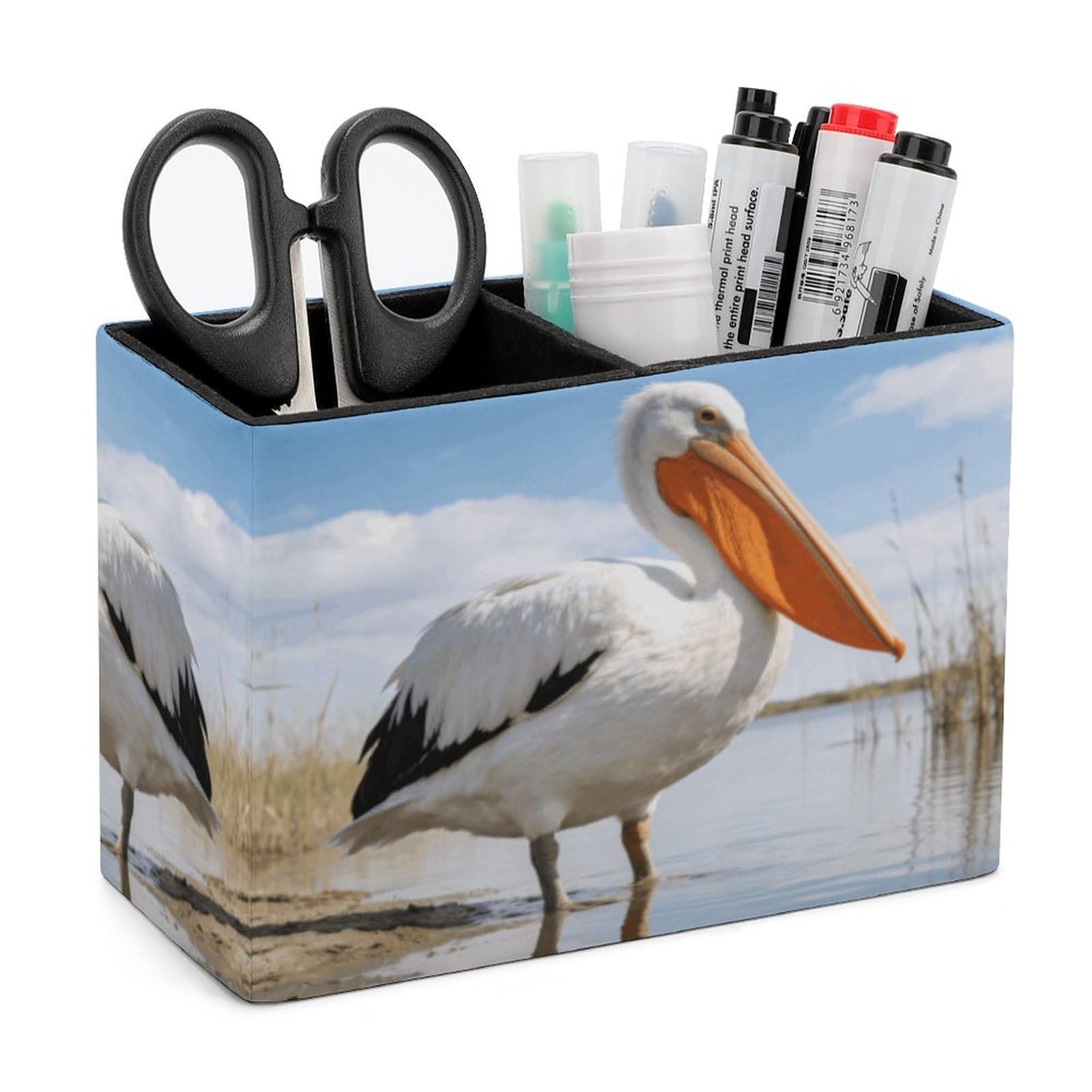LZQPOEAS Exquisite Patterns PU Leather Pen Holder, Multifunctional Desktop Organizer Caddy with 2 Compartments, Pelican Pencil Cup Makeup Brush Holder for Office Home