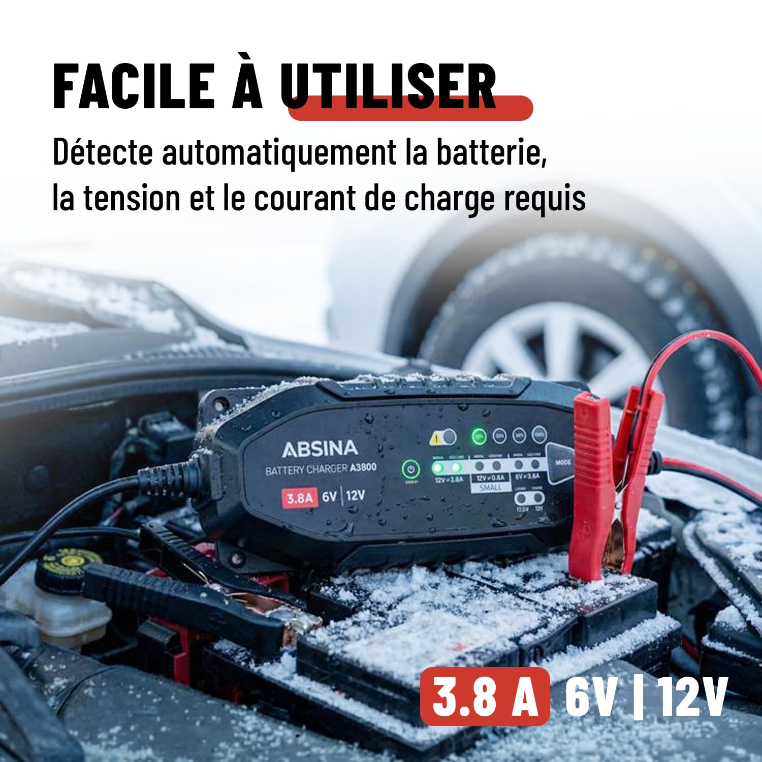 ABSINA Chargeur de Batterie Voiture 3,8 A pour Batteries Plomb 6V & 12V | jusqu'à 120Ah & Lithium 12,8V - Chargeur AGM 12V pour Auto, Moto - Maintien charge batterie - voitures
