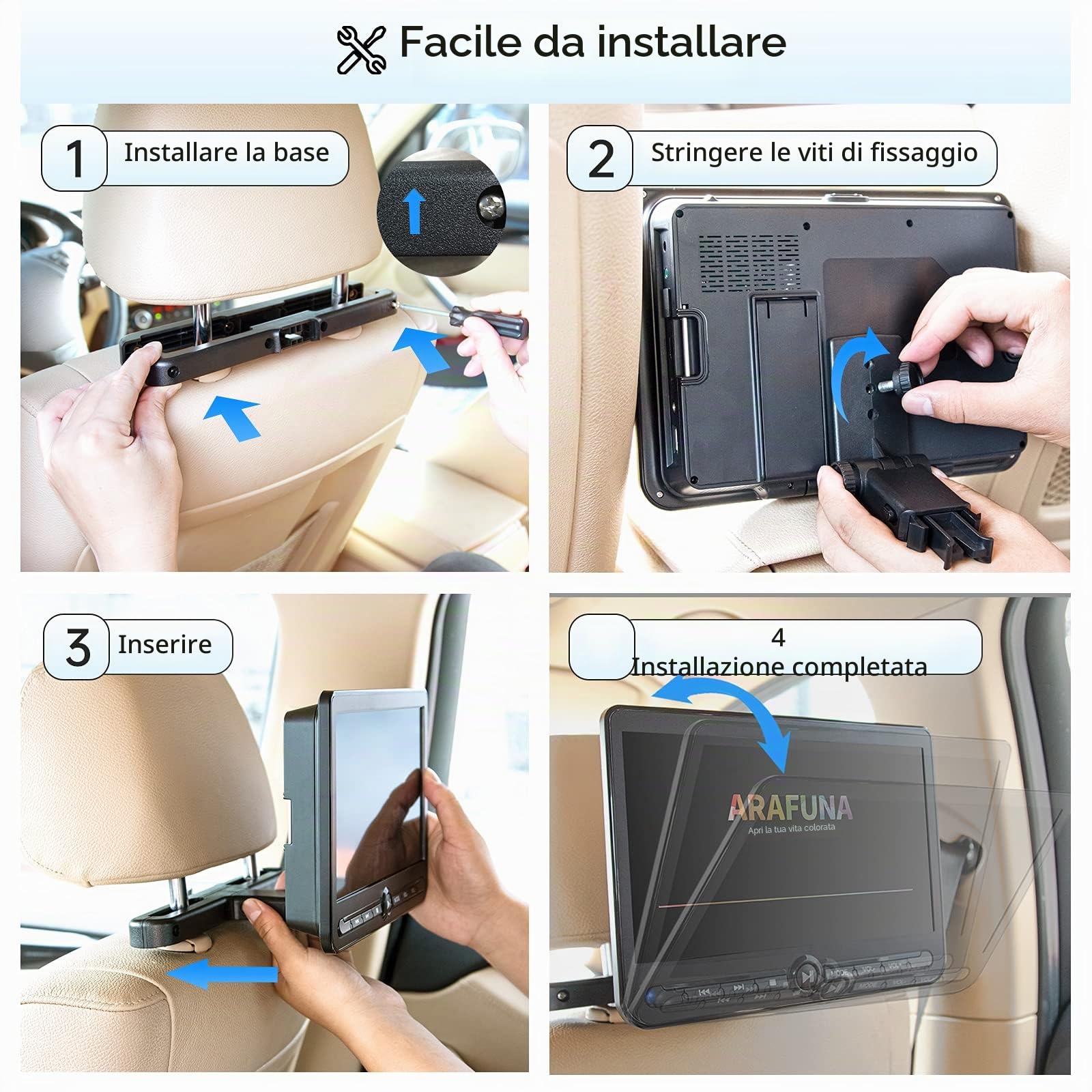 Arafuna 10,5" Doppio Lettore DVD per Auto, Ricaricabile Schermo Auto Play Uno o Due Film Diversi, Poggiatesta per Auto Ricaricabile, Supporto USB/SD, Ultima Memoria