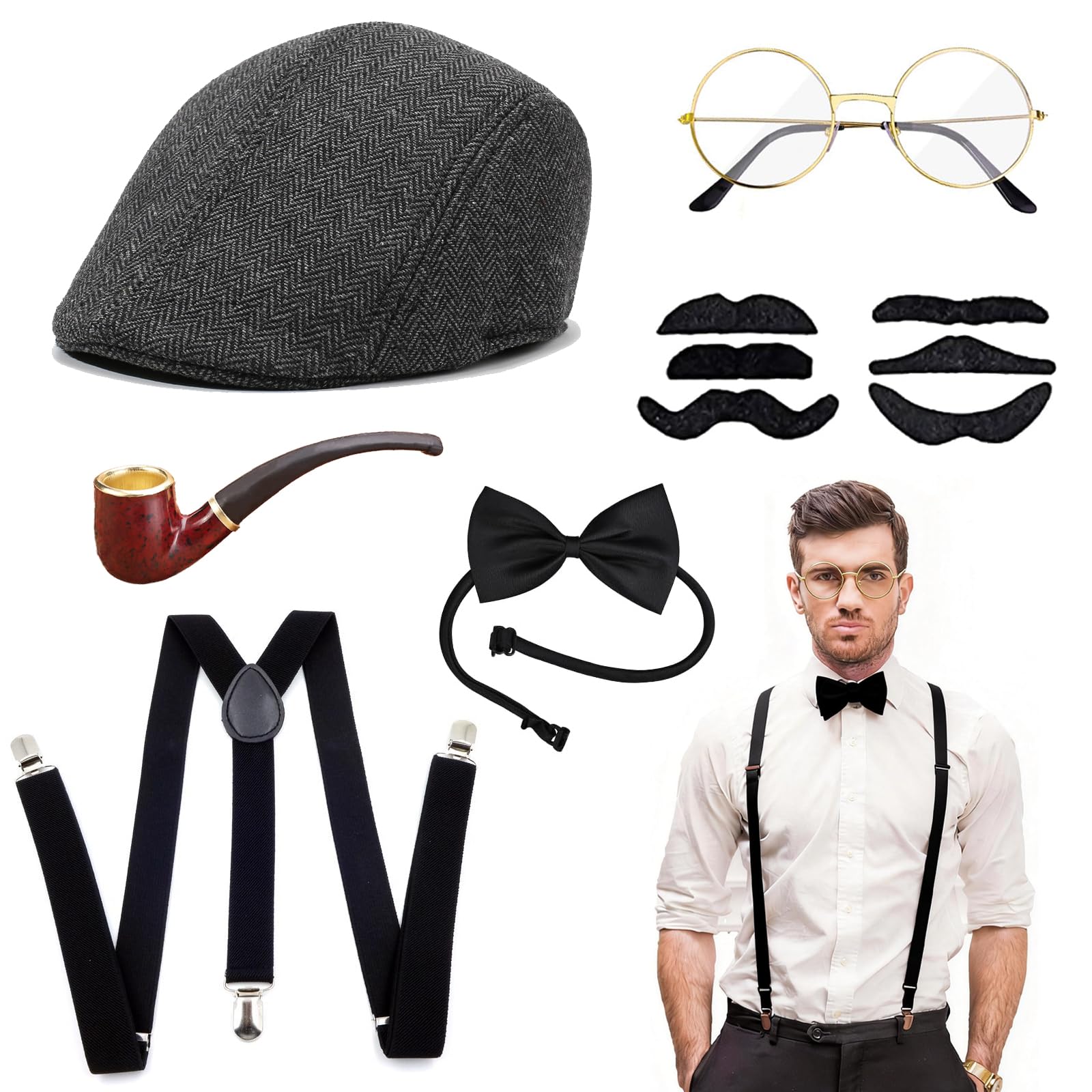 1920s Gatsby Accesorios Hombre, Disfraz Años 20, Disfraz de Gatsby, Accesorios Años 20 con Sombrero Panamá, Tirantes, Pajarita, Corbata, Bigote Falso Gafas para Carnaval Mascarada Halloween