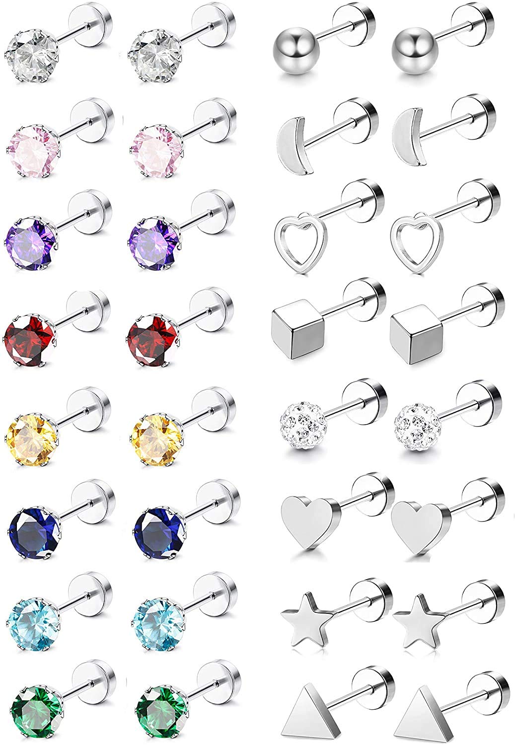 MILACOLATO 16 pares Piercing para Oreja de Pendientes de Cartílago Acero Inoxidable de 20G para Mujeres Cartílago Hélice Tragus Piercing de Oreja CZ Juego de Pendientes Set Joyería