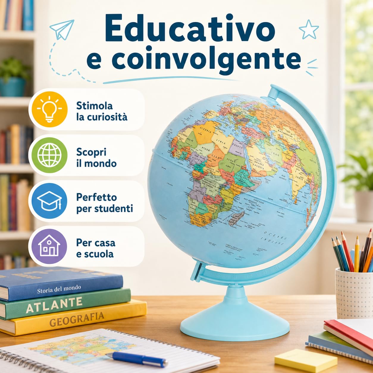 Mappamondo 30 cm con Mappa Italiana e Base Azzurra Girevole | Globo da scrivania con arco coordinato lettura chiara per scuola casa studio bambini studenti e appassionati
