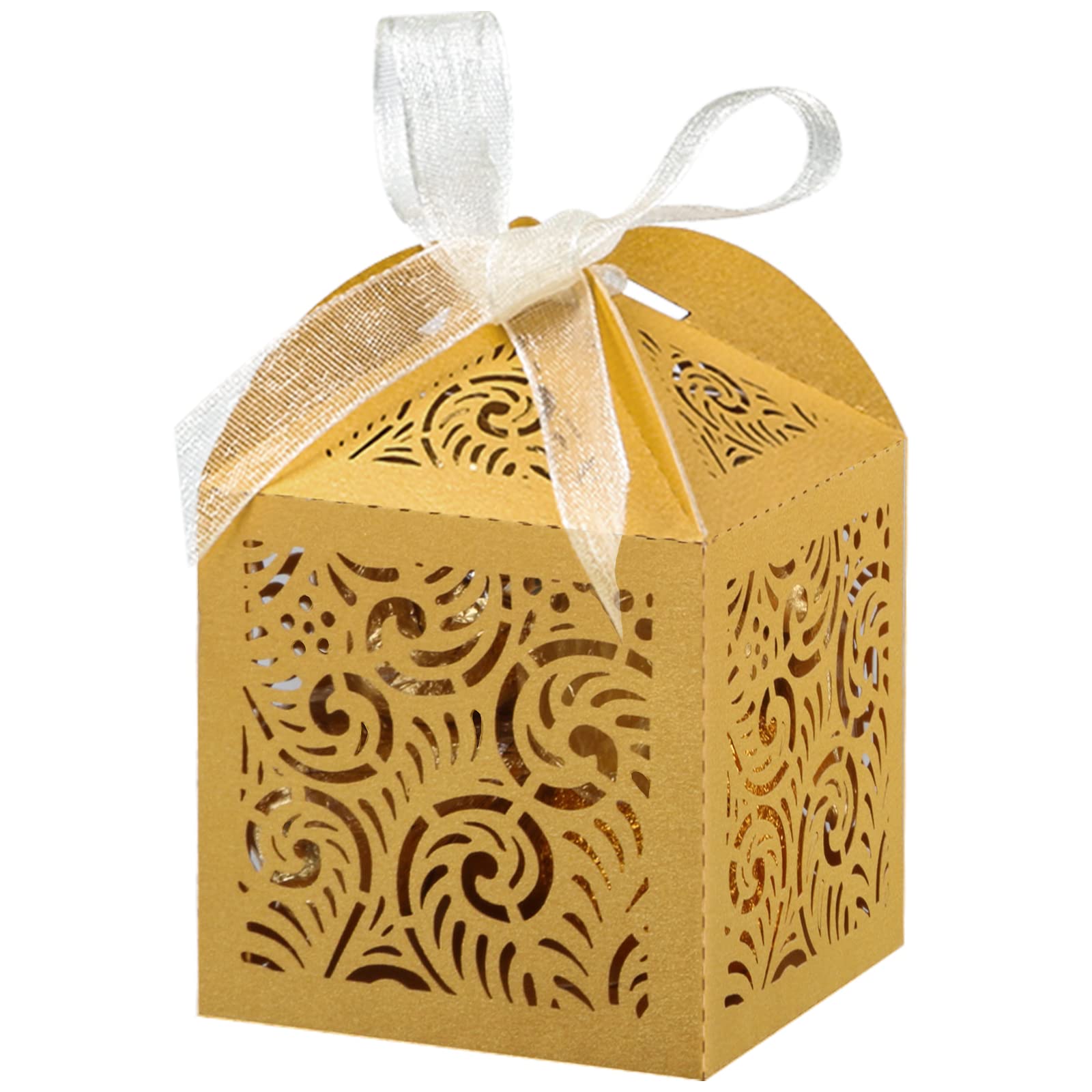 COTOPHER 60 Stück lasergeschnittene Geschenkboxen, 5,1 x 5,1 x 7,6 cm, kleine Geschenkboxen für Geschenke, Party, Hochzeit, Geschenkboxen mit Schleife, Mini-Süßigkeiten-Boxen für Veranstaltungen,