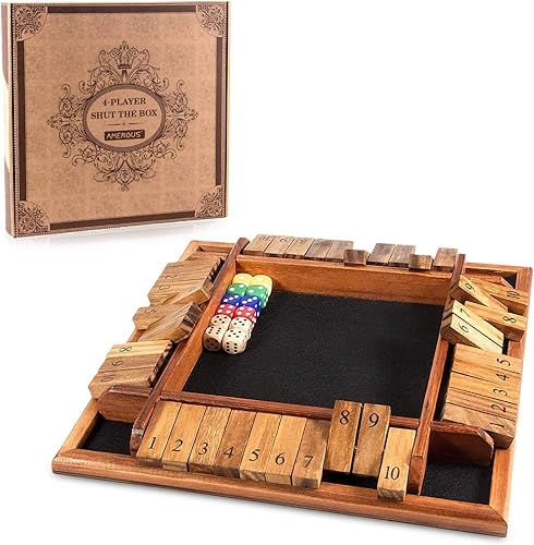 AMEROUS Juego de dados Shut The Box para 1-4 jugadores, juego de mesa de madera con 12 dados e instrucciones de cierre de caja para niños y adultos,