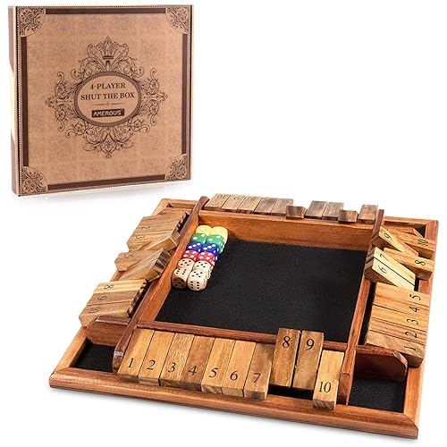AMEROUS 1-4 Players Shut The Box Dice Game, Wooden Board