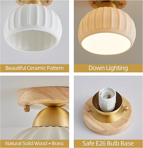Miniatura 9 de Paquete de 2 luces de techo semiempotradas de madera y latón de cerámica, lámparas de pasillo doradas vintage, modernas de mediados de siglo,