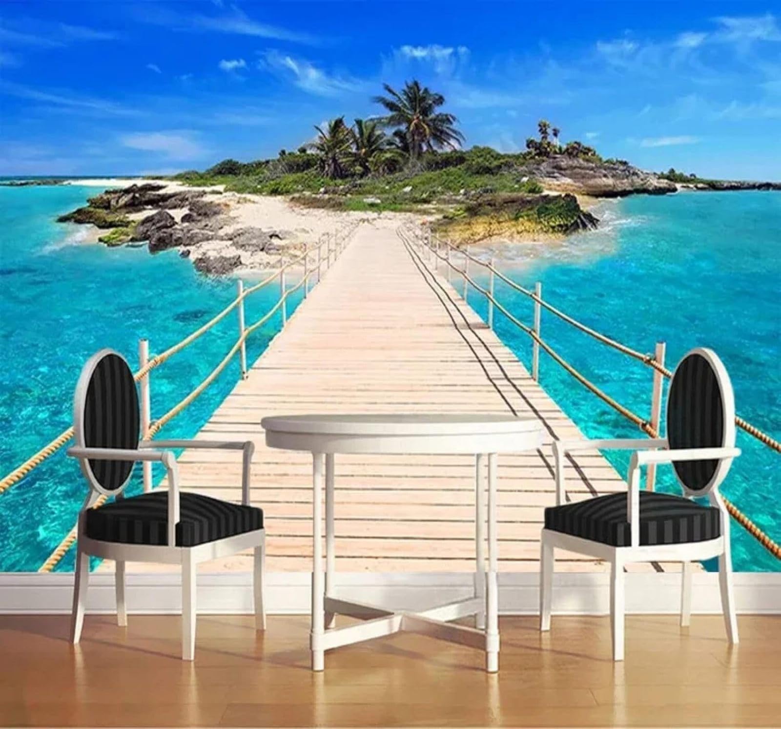 XLMING Blue Skies The Sea Islands Wooden Bridges Scenery 3D Wallpaper Premium Textured Silk Study Dining Living Room Bedroom Sofa TV Wall Easy Install-250cm×170cm