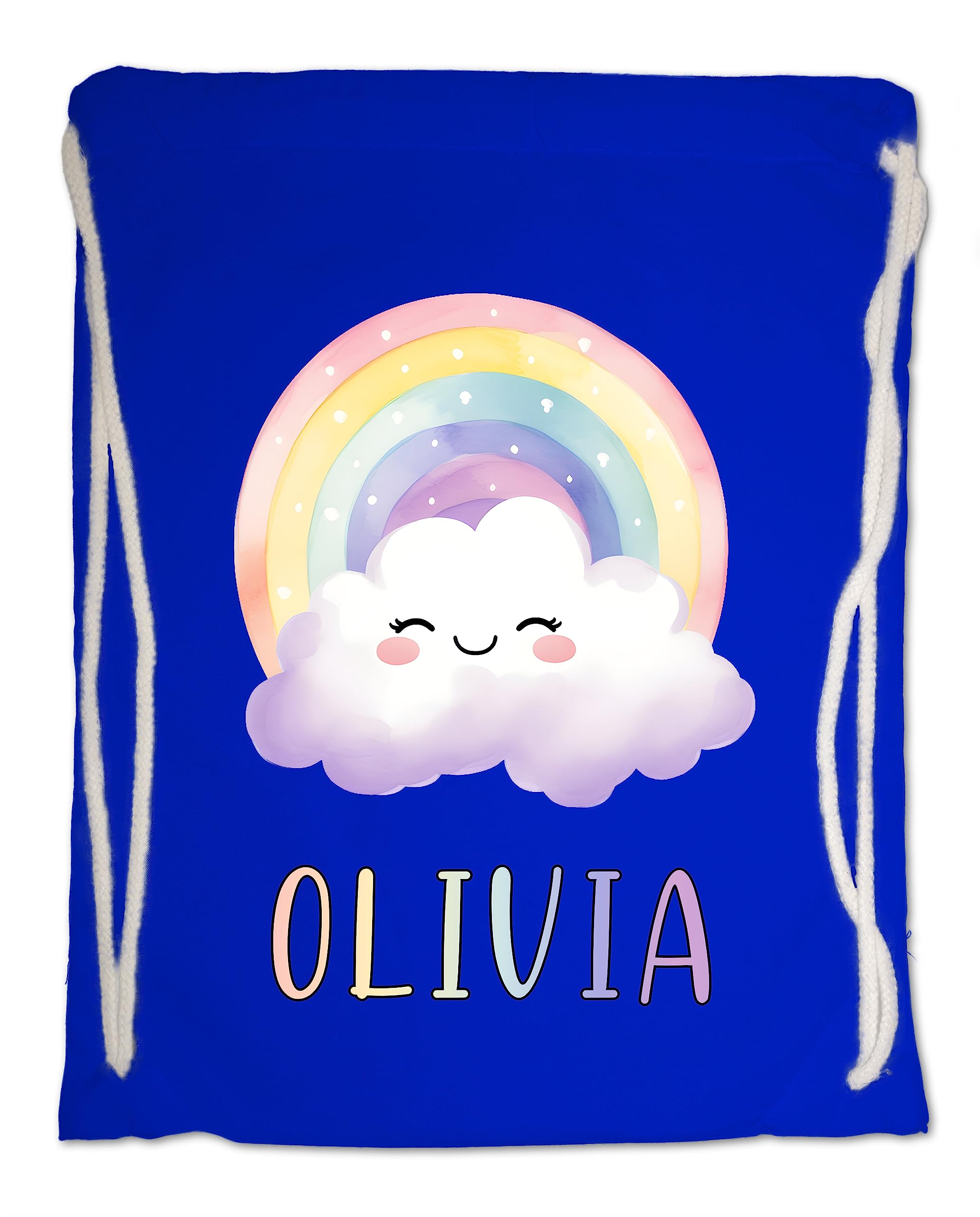 Kids Personalised Gym Bag. Watercolour Rainbow Clouds Any Name Swimming PE School Sports Bag. (Royal Blue)