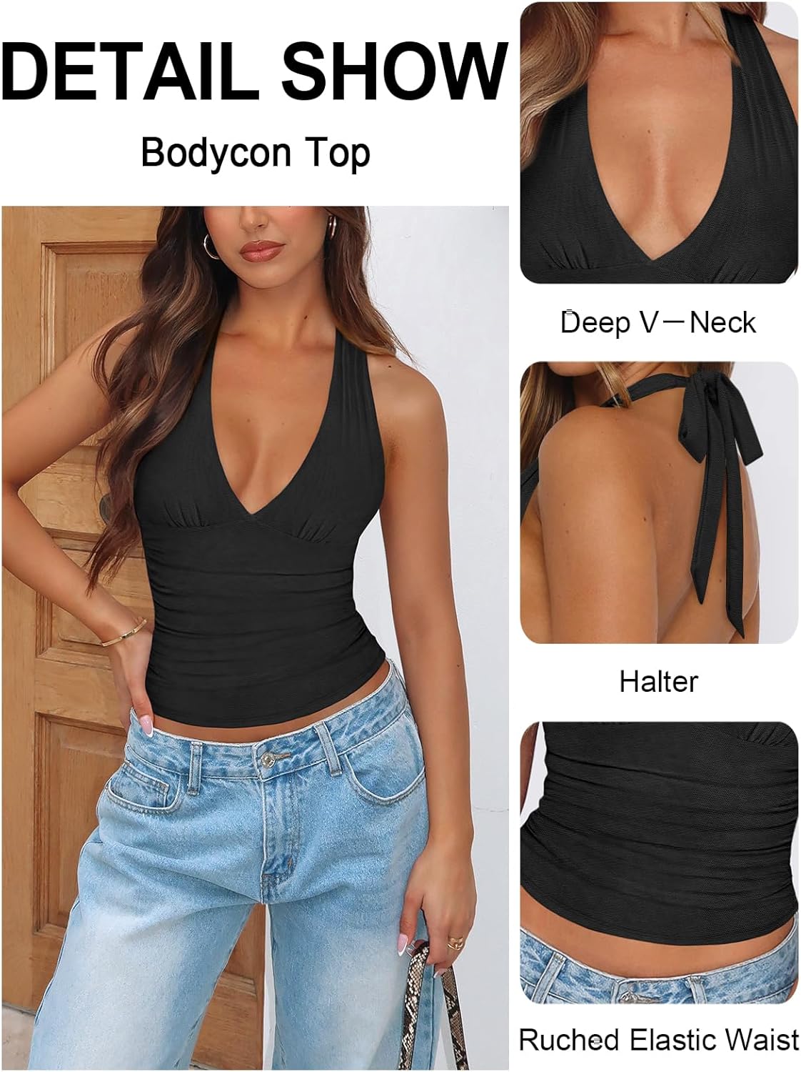 Women's Sexy Halter Tops for Women Summer Deep V Neck Mesh Ruched Tie Strap Backless Going Out Crop Top - Image 3