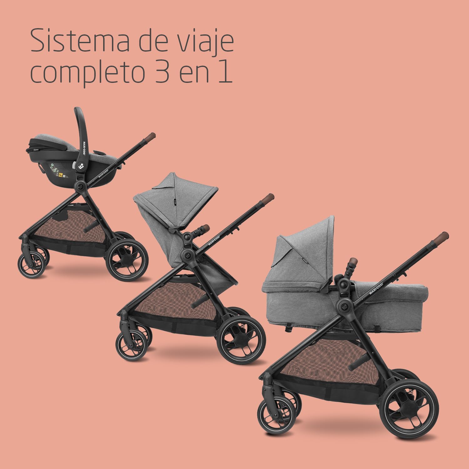 Maxi-Cosi Zelia S Trio Cochecito Bebe 3 Piezas, 0 - 4 Años, hasta 22 kg, Plegable, Compacto y Reclinable Silla de Paseo, con CabrioFix S i-Size Silla Coche Bebe, Accesorios, Bolso Cambiador, Gris