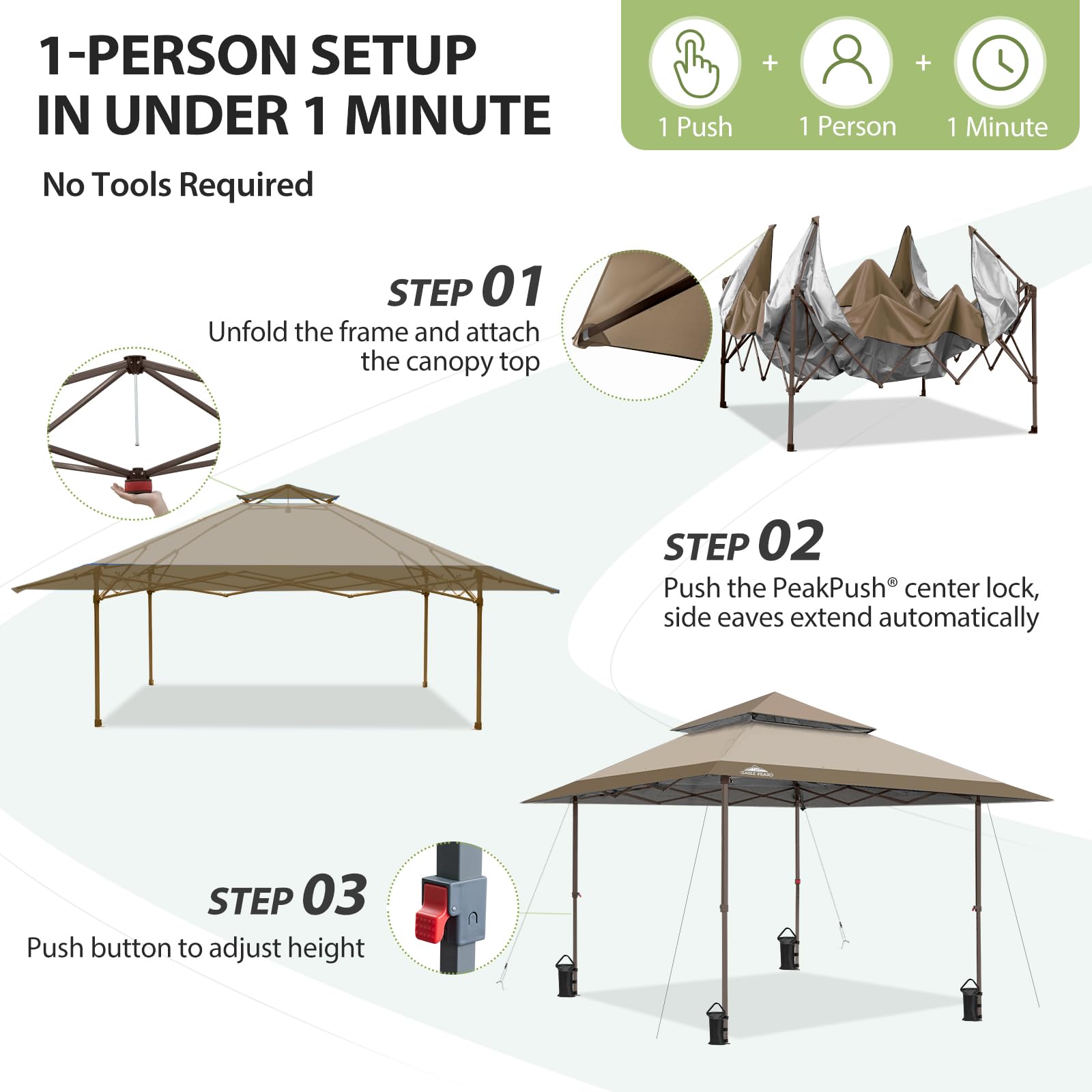 EAGLE PEAK Namiot zadaszeniowy pop-up 3.96×3.96 m, proste nóżki, szybki montaż, składany pawilon ogrodowy na zewnątrz (beżowy)