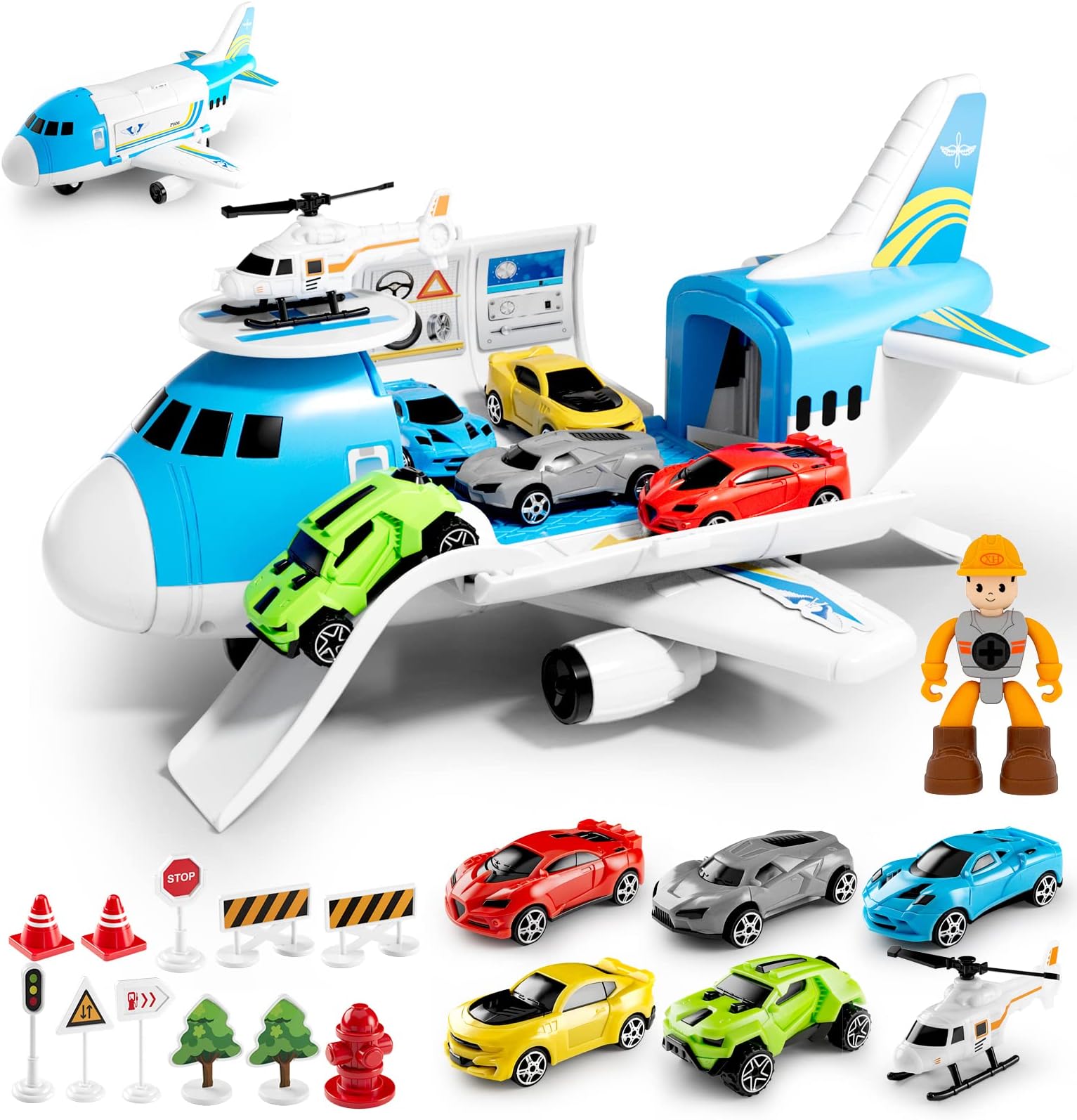Toy for 3 Year Old Boys,Toy Cars set,Transport Cargo Airplane with 5 Mini Cars, 1 Helicopter,1 Engineer,11 Traffic Signs,Gifts for Kids Boys Girls Age 3 4 5