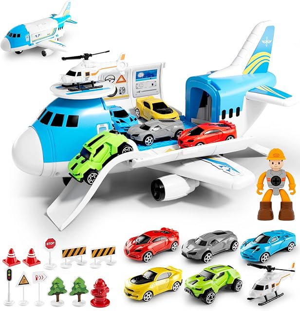 Toy Cars for 3 Year Old Boys,Toy Cars set,Transport Cargo Airplane with 5 Mini Cars, 1 Helicopter,1 Engineer,11 Traffic Signs,Gifts for Kids Boys Girls Age 3 4 5